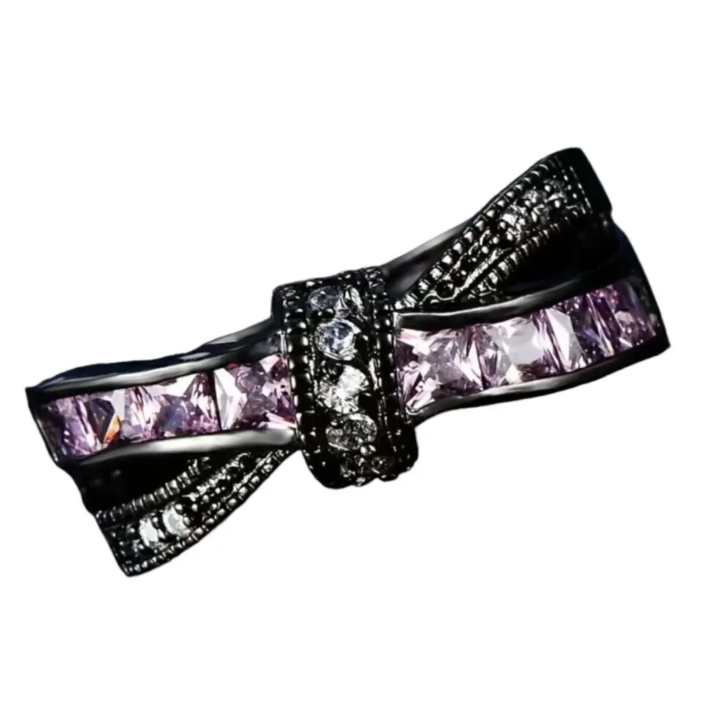 Gothic Amethyst Bowknot Ring Black Stainless Steel Rare and Unique Black Ring